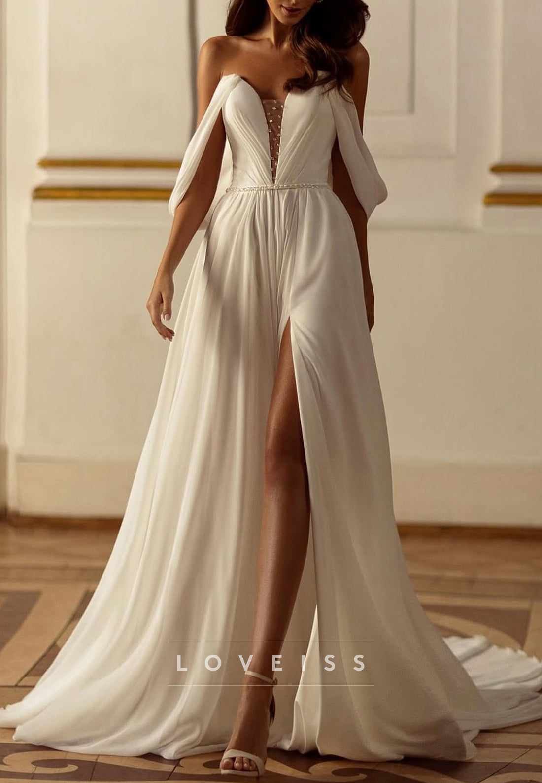 V-Neck Sleeveless Beaded Chiffon A-Line Wedding Dress