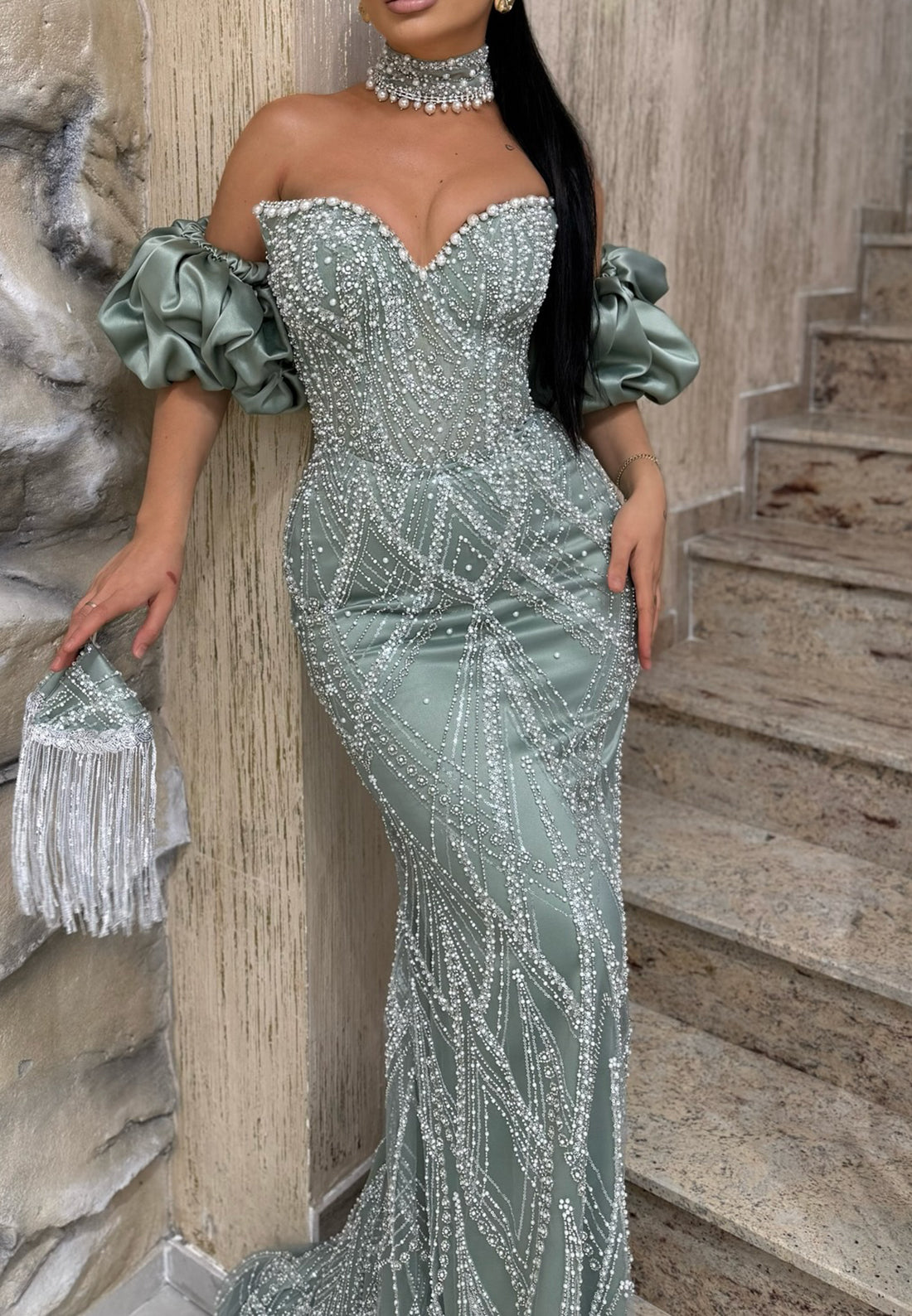 V-Neck Sleeveless Beaded Emboridery Sparkly Mermaid Prom Dresss