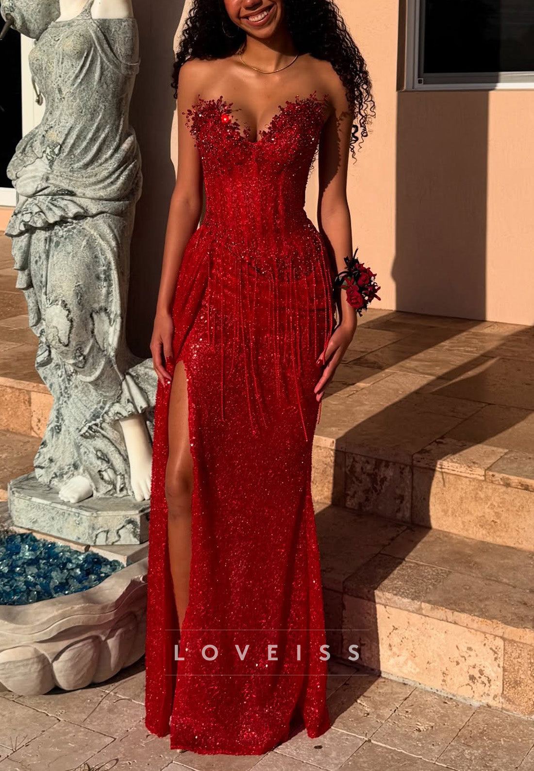 V-Neck Sleeveless Beaded Fringe Embroidery Sheath Sparkly Prom Dress