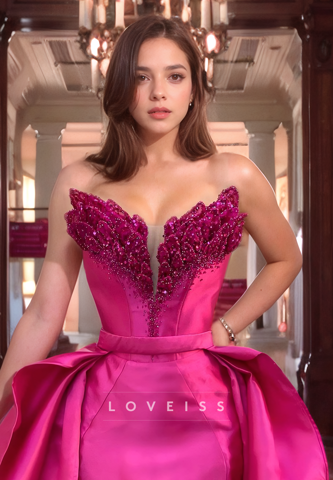 V-Neck Sleeveless Beaded Mermaid Sweep Train Prom Dress