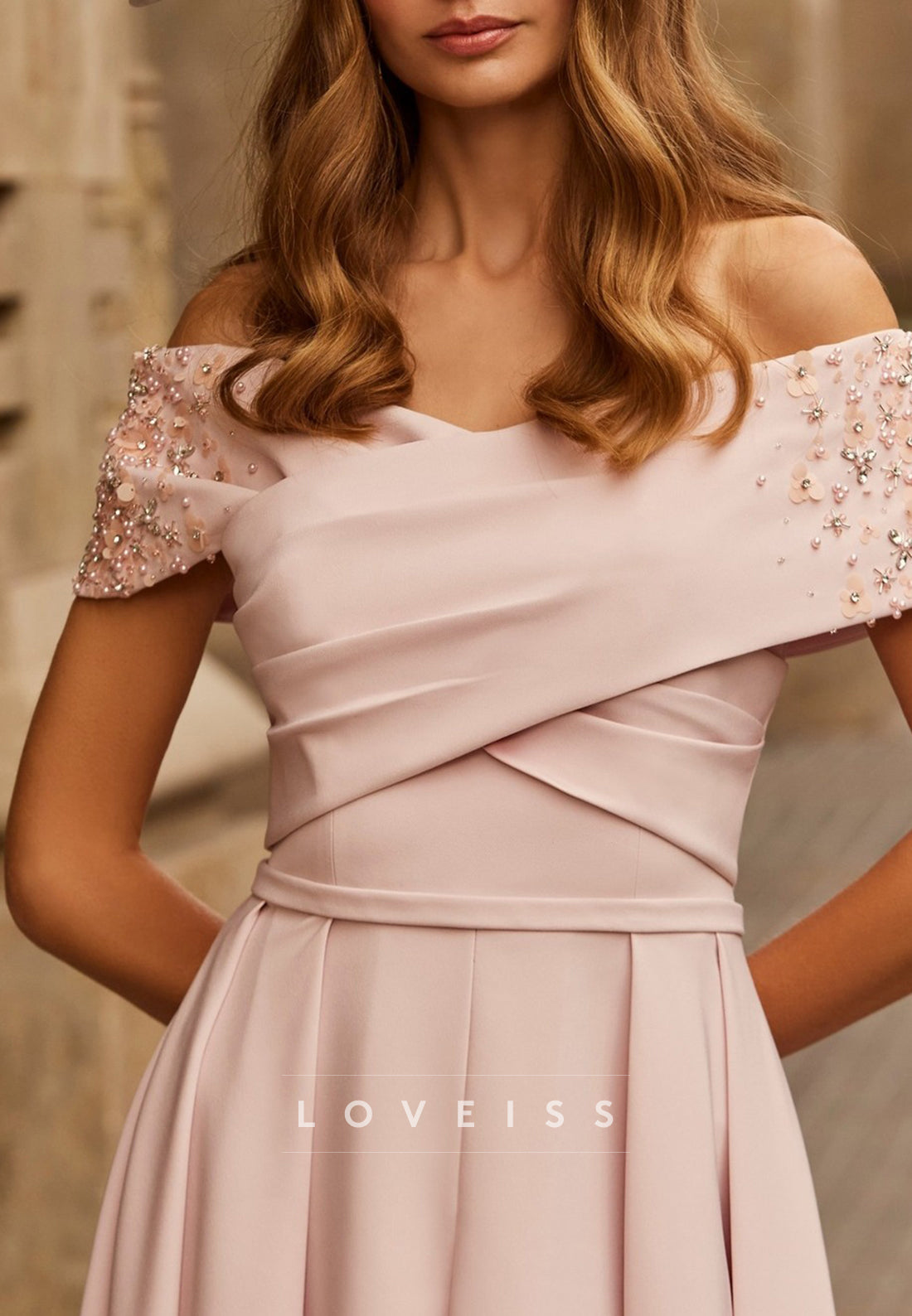 V-Neck Sleeveless Beaded Pleated A-Line Mother of Bride Dress