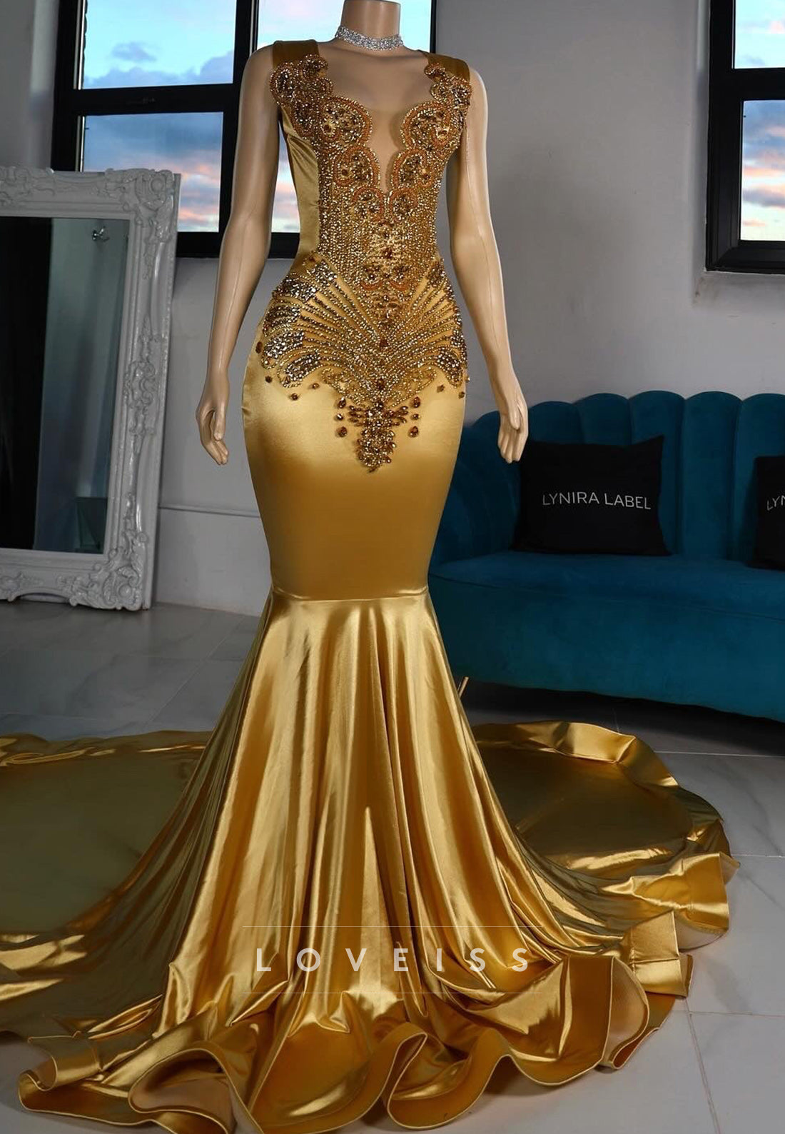 V-Neck Sleeveless Beaded Pleated Mermaid Prom Dress for Black Girls