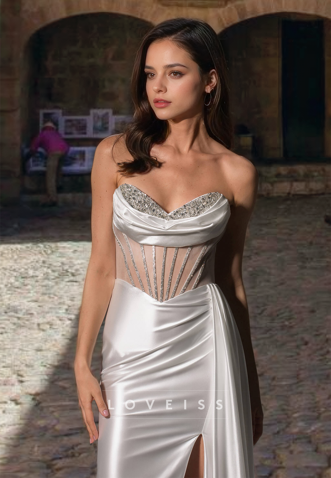 V-Neck Sleeveless Beaded Sheer Sleek Side Slit Sheath Beach Wedding Dress