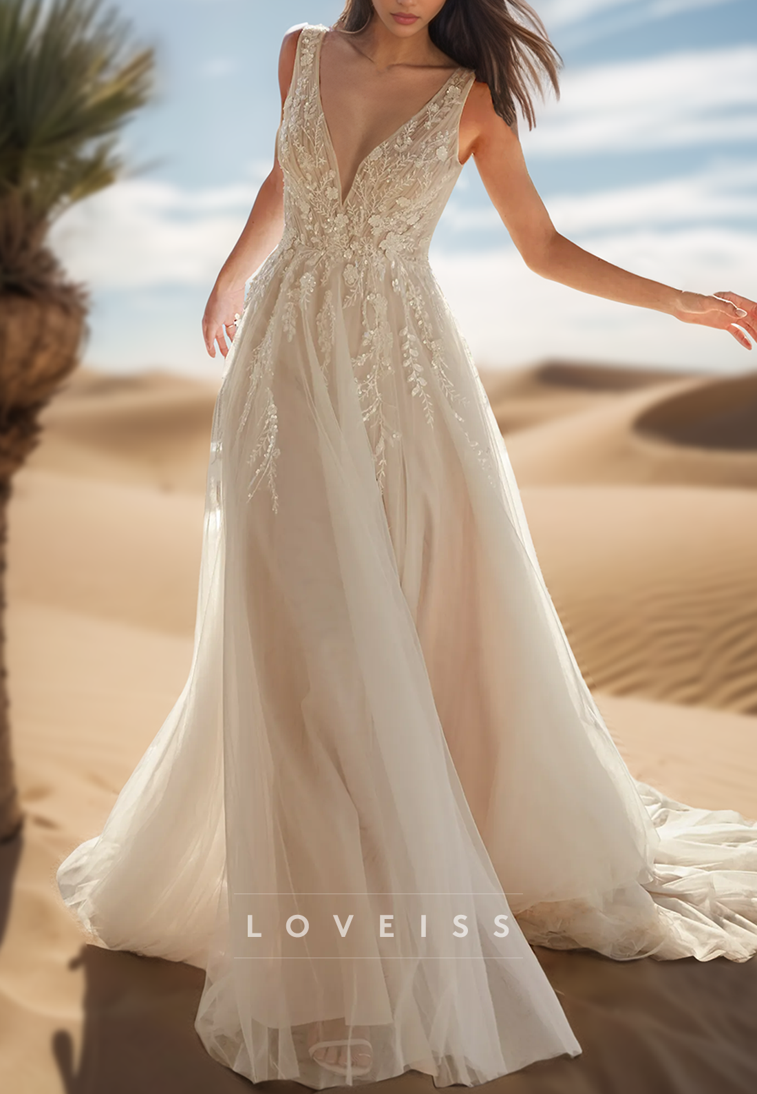 V-Neck Sleeveless Floral Appliques Tulle A-Line Wedding Dress