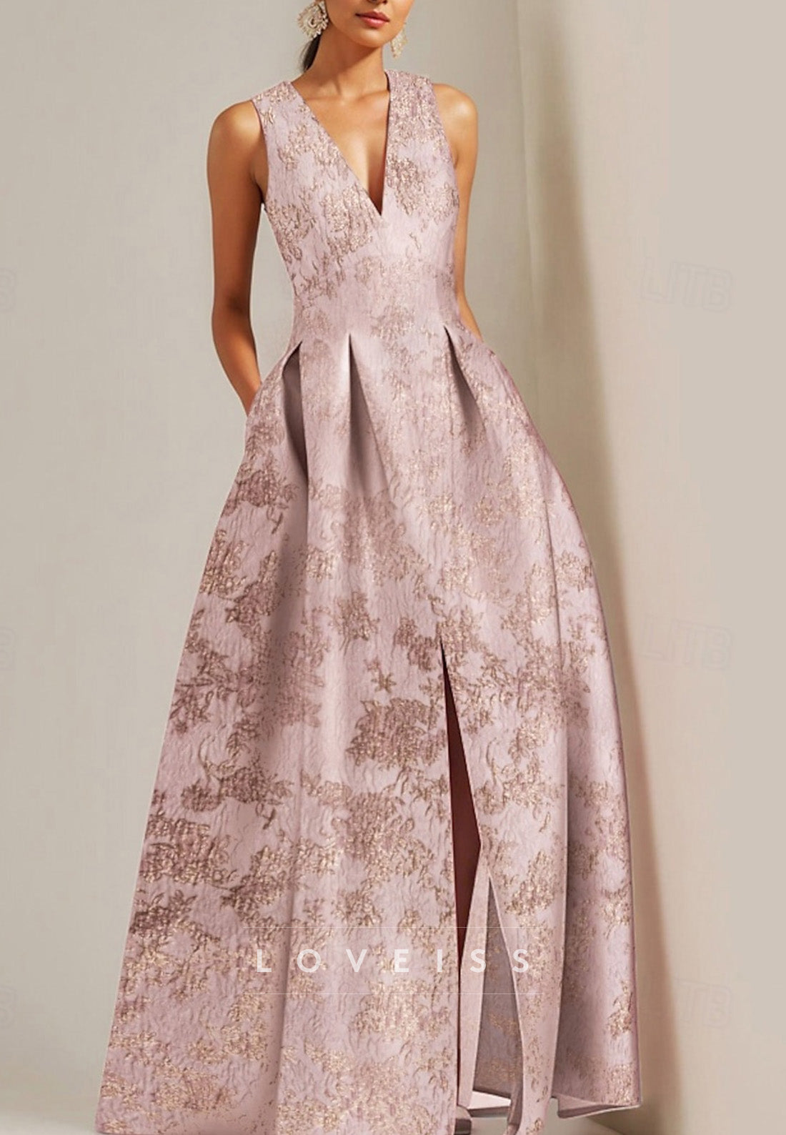 V-Neck Sleeveless Floral Printed A-Line Mother of Bride Dress