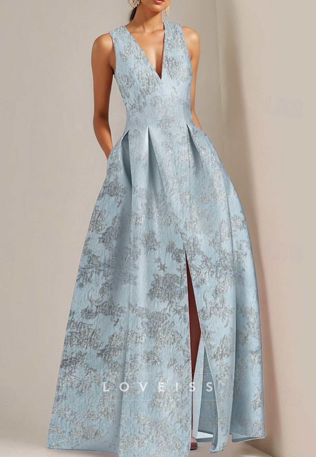 V-Neck Sleeveless Floral Printed A-Line Mother of Bride Dress