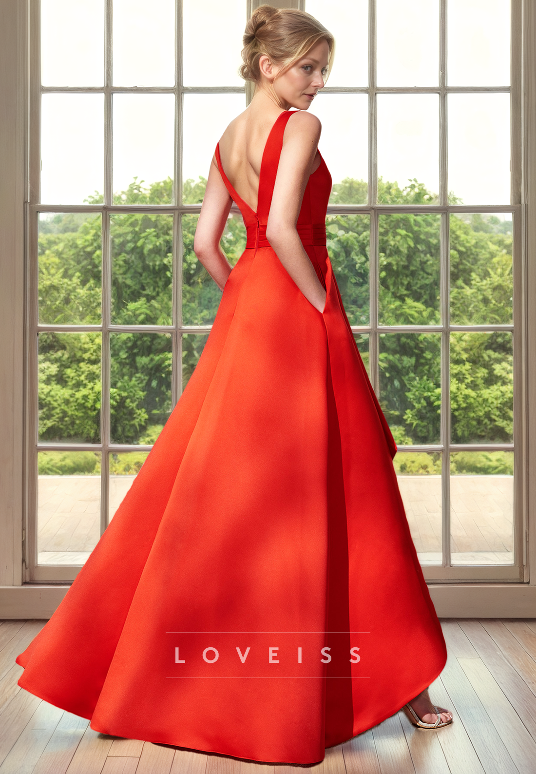 V-Neck Sleeveless High Slit Pleated A-Line Mother of Bride Dress Cocktail Dress