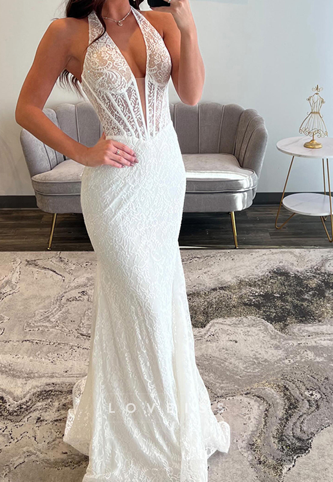 V-Neck Sleeveless Lace Appliques Mermaid Prom Dress