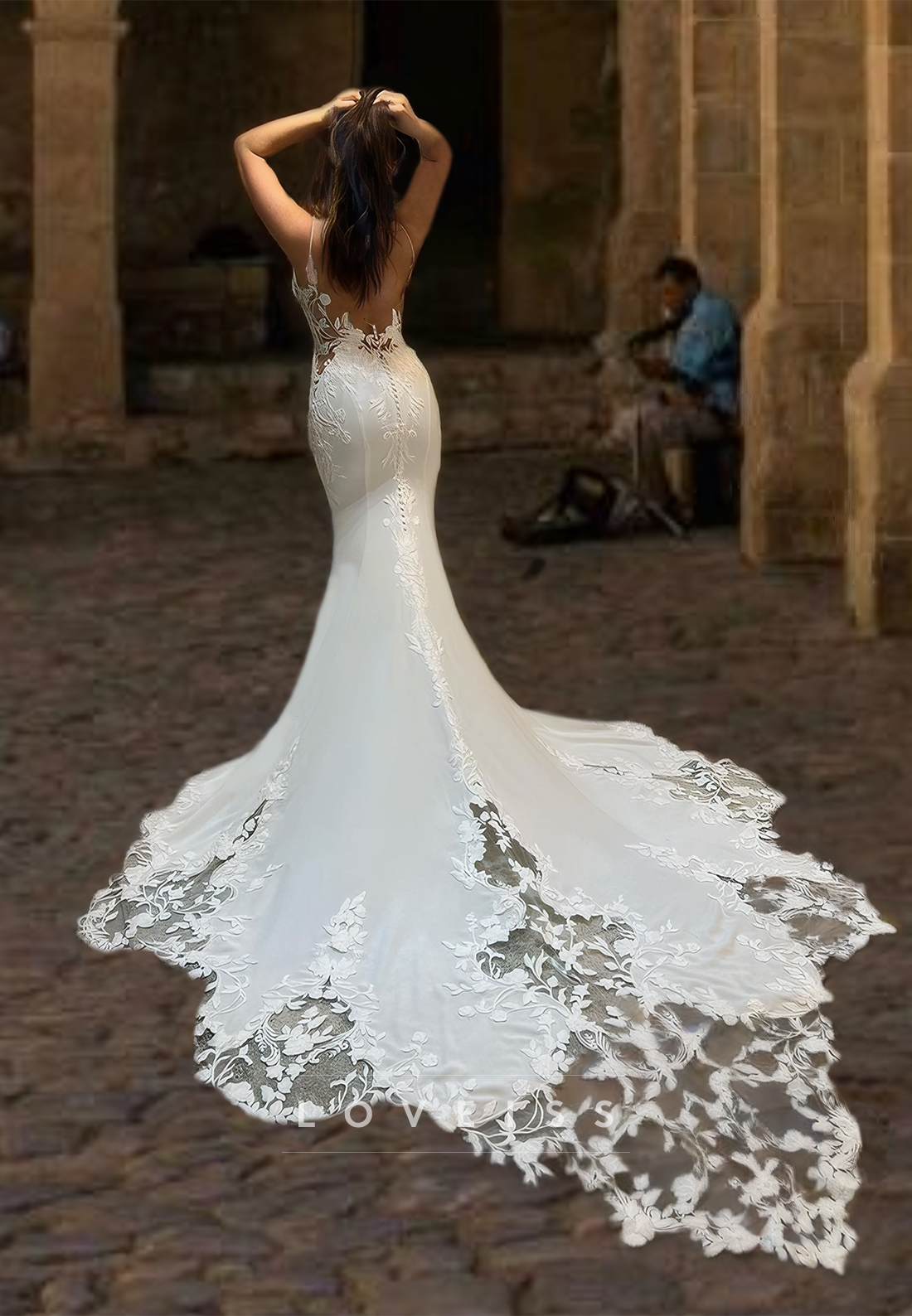 V-Neck Sleeveless Lace Appliques Mermaid Prom Dress