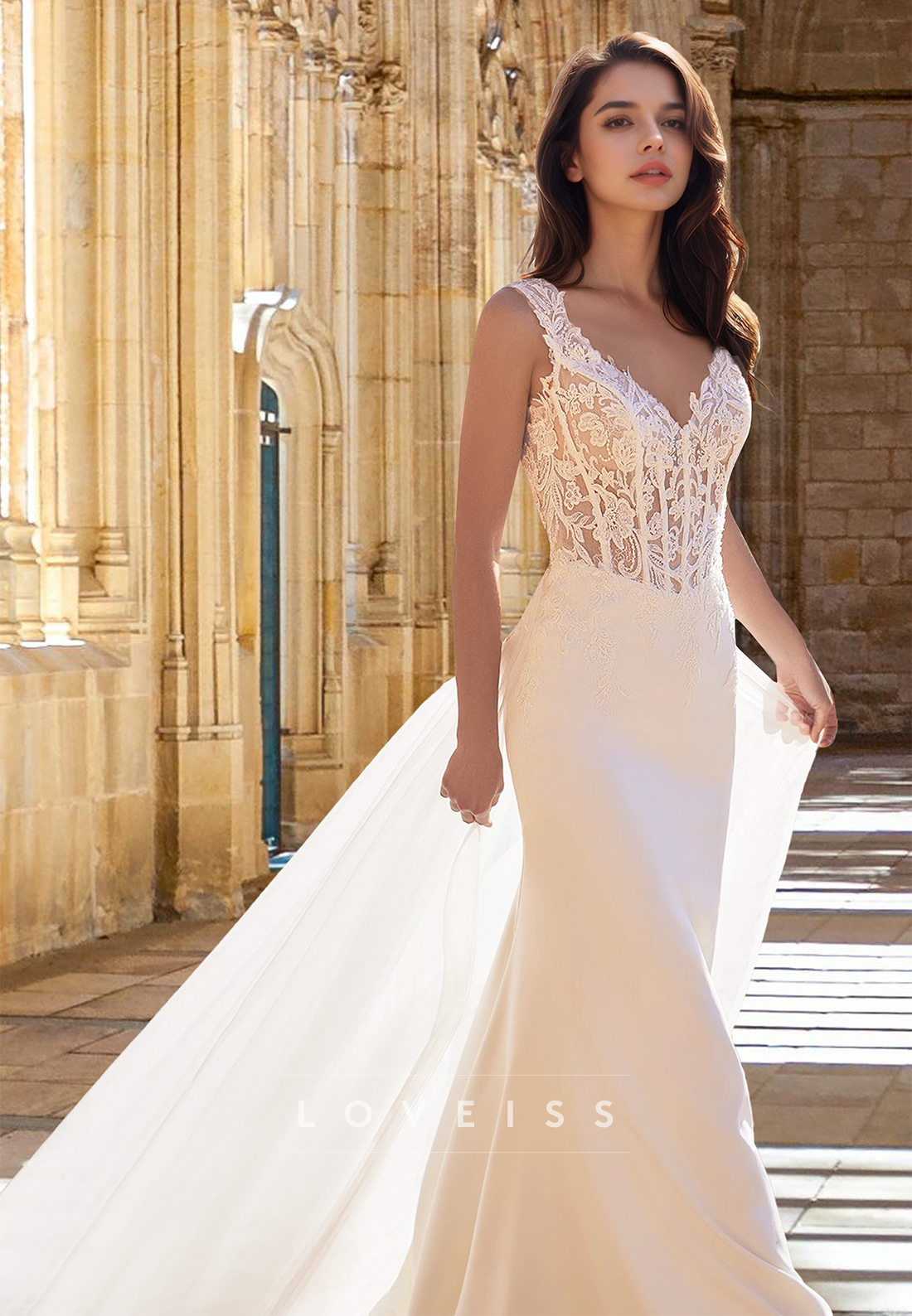 V-Neck Sleeveless Lace Appliques Sleek Mermaid Wedding Dress
