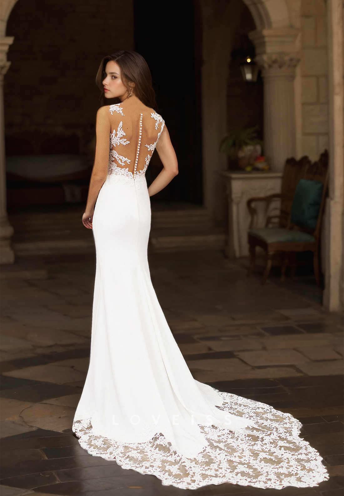 V-Neck Sleeveless Lace Appliques Sleek Mermaid Wedding Dress