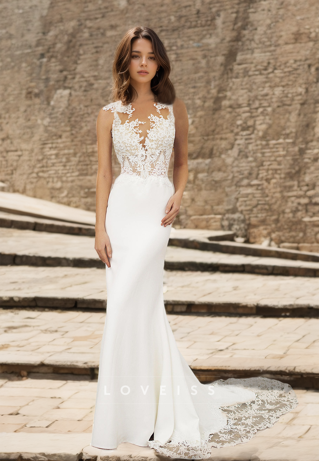 V-Neck Sleeveless Lace Appliques Sleek Mermaid Wedding Dress