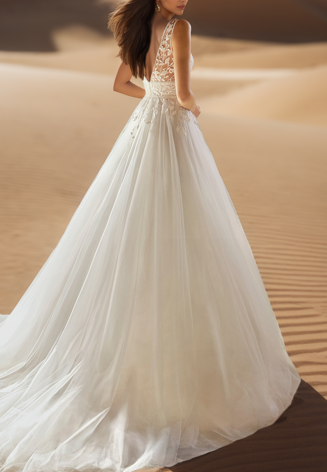 V-Neck Sleeveless Lace Appliques Tulle Ball Gown Wedding Dress