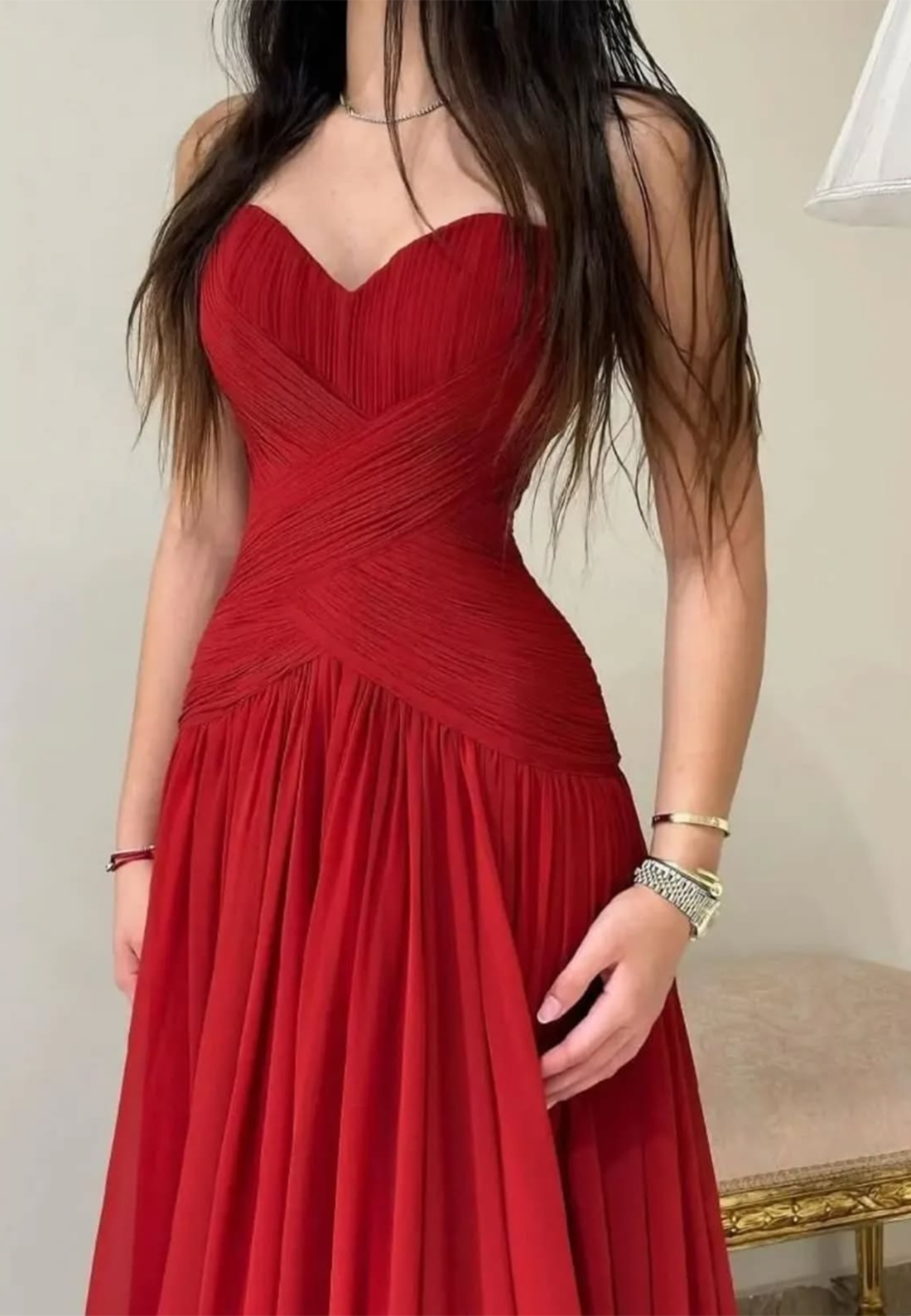 V-Neck Sleeveless Pleated A-Line Prom Dress Evening Dress