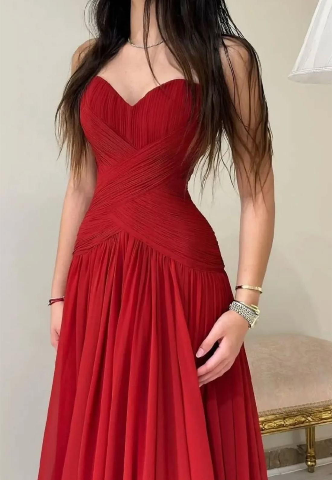 V-Neck Sleeveless Pleated A-Line Prom Dress Evening Dress