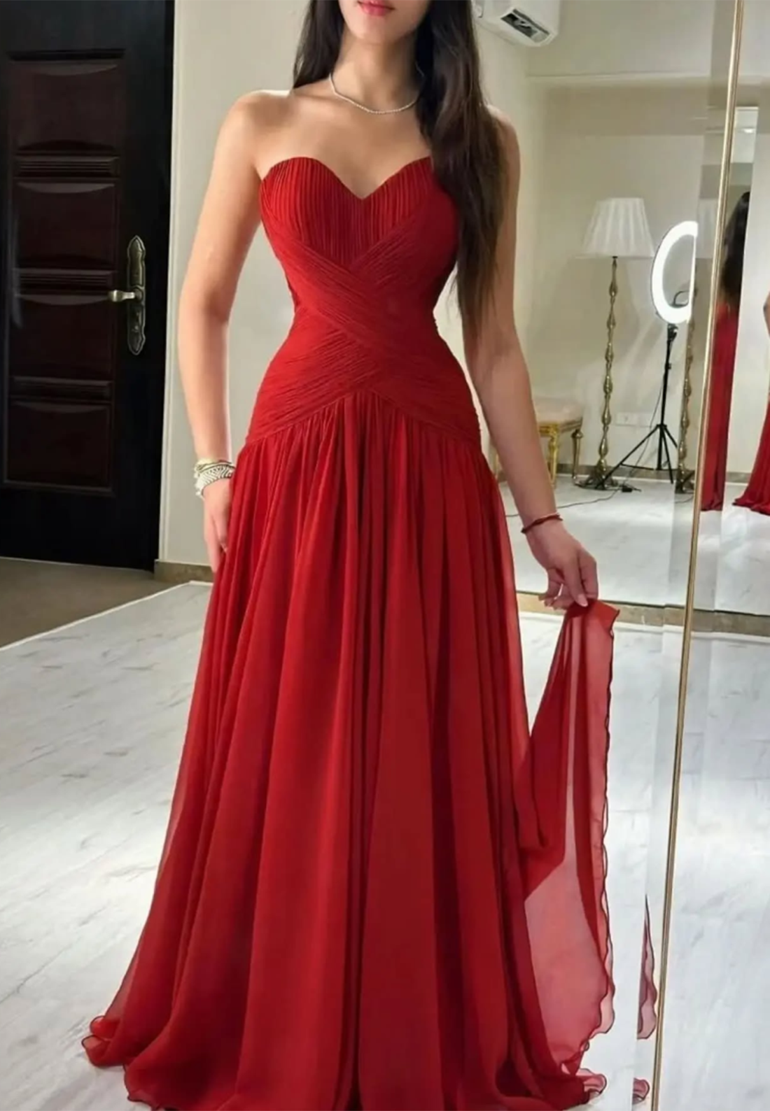 V-Neck Sleeveless Pleated A-Line Prom Dress Evening Dress