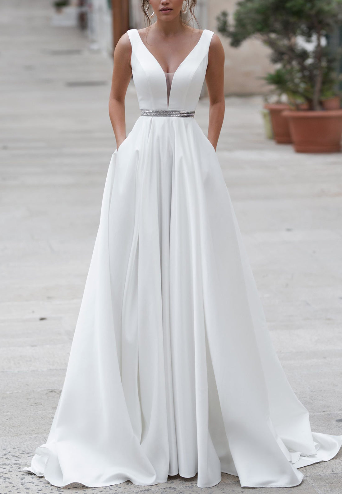 V-Neck Sleeveless Pleated A-Line Wedding Dress