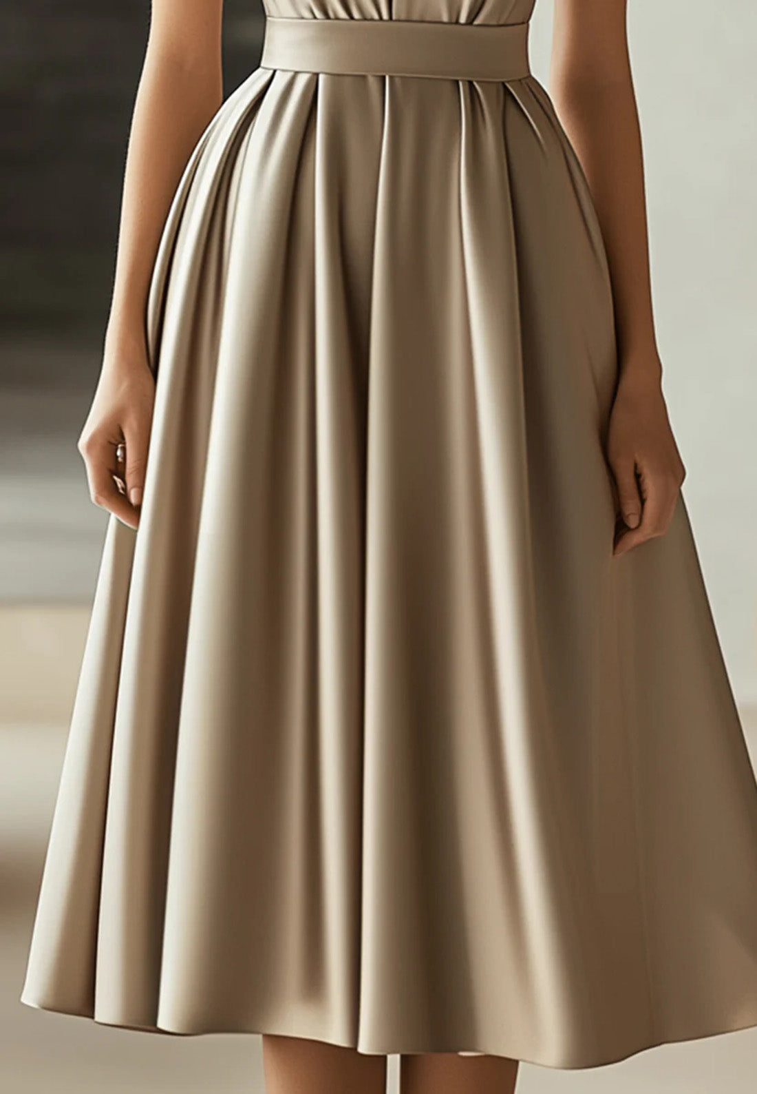 V-Neck Sleeveless Pleated A-Line Work Dress