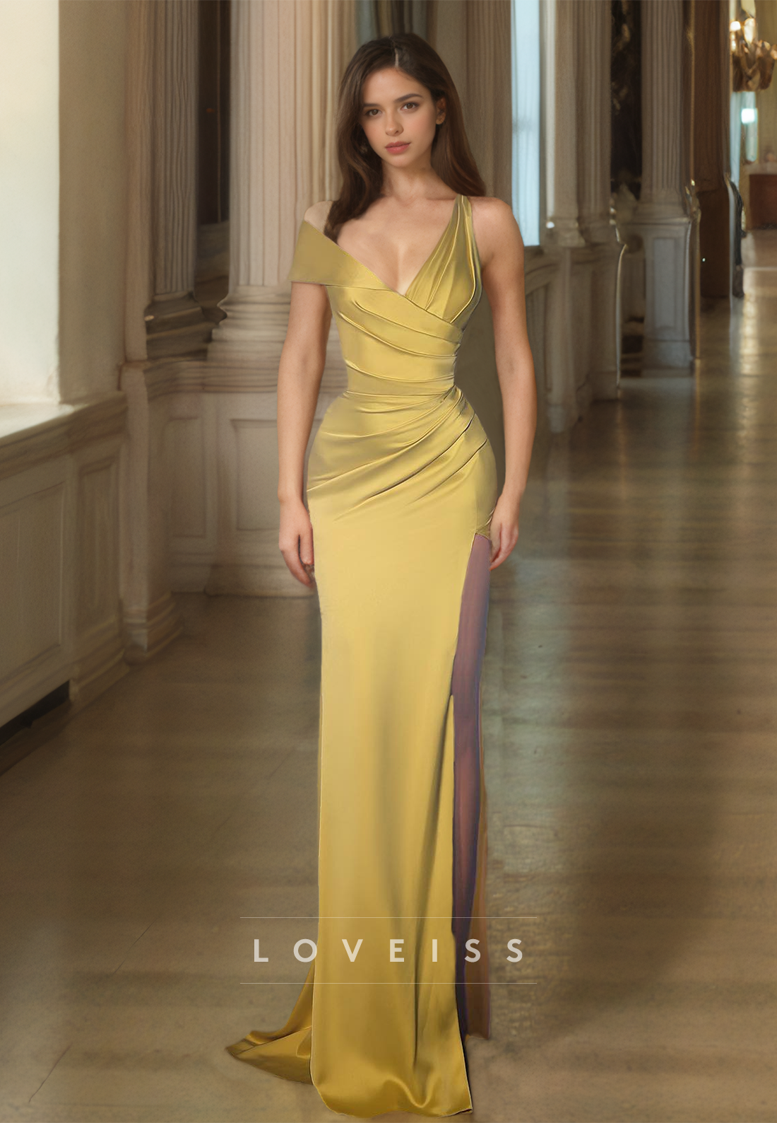 V-Neck Sleeveless Pleated Satin Sheath Simple Formal Dress