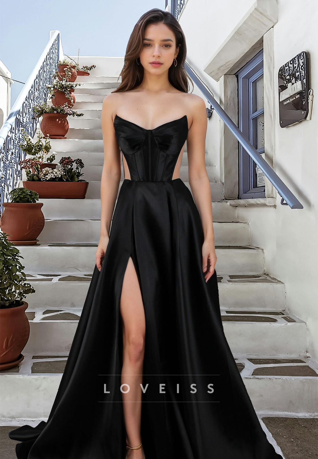 V-Neck Sleeveless Pleated Side Slit A-Line Prom Dress