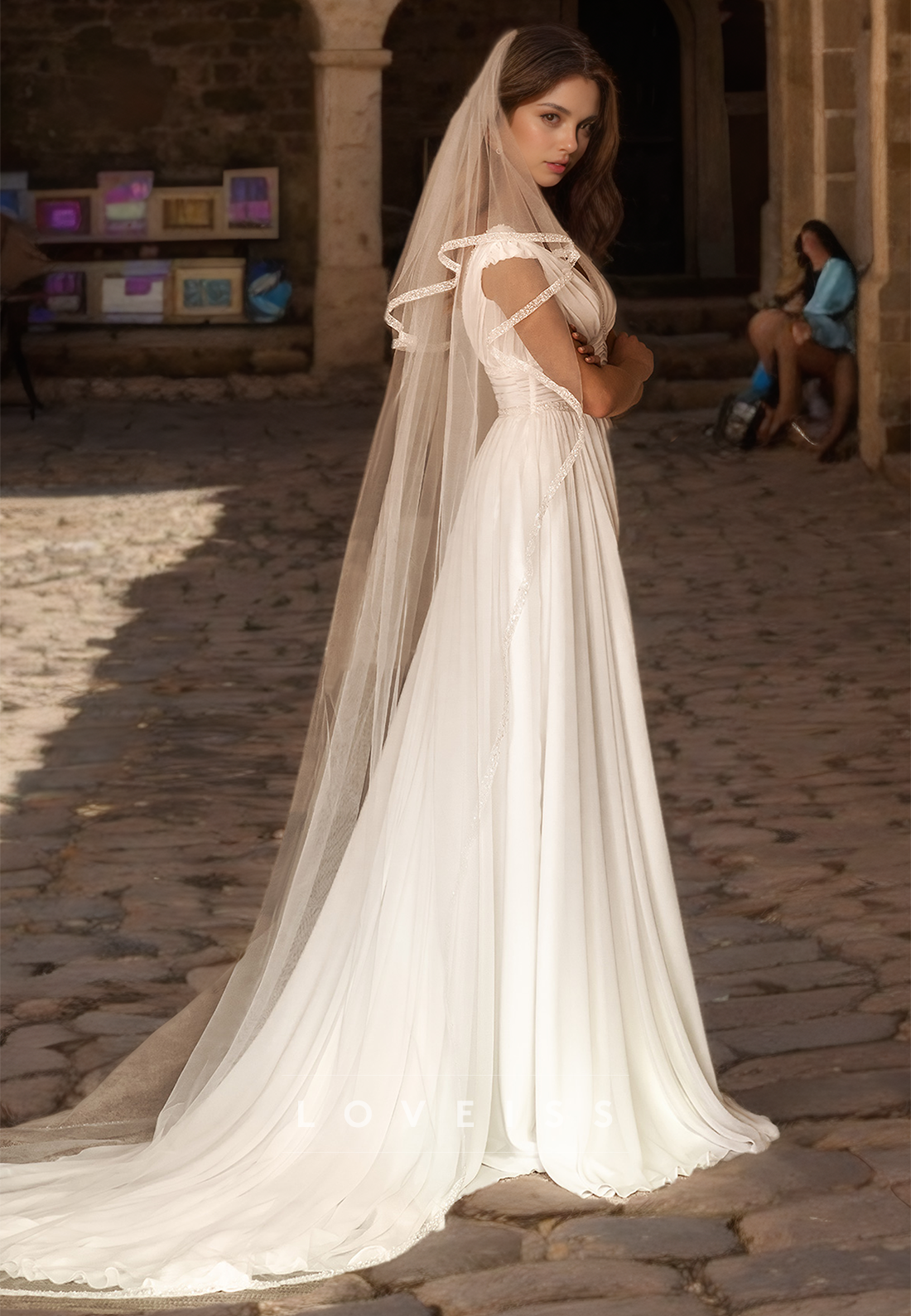 V-Neck Sleeveless Pleated Side Slit Pleated A-Line Beach Wedding Dress