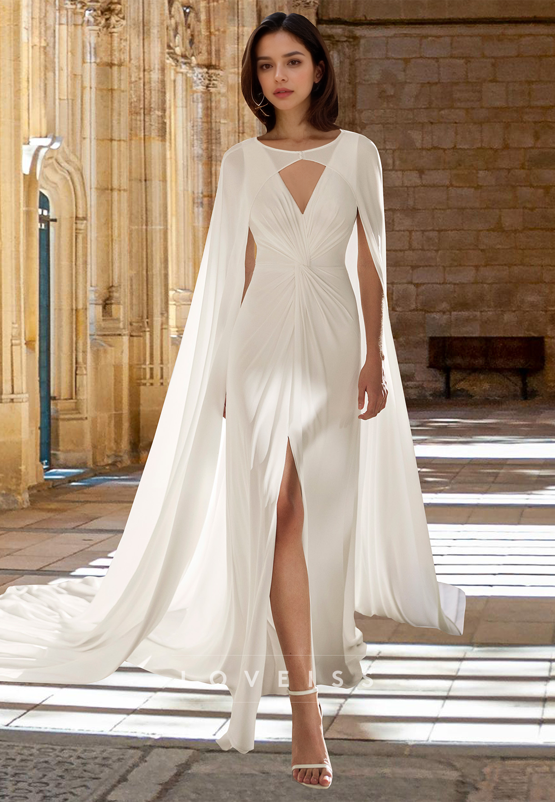 V-Neck Sleeveless Ruched Sheath Beach Wedding Dress