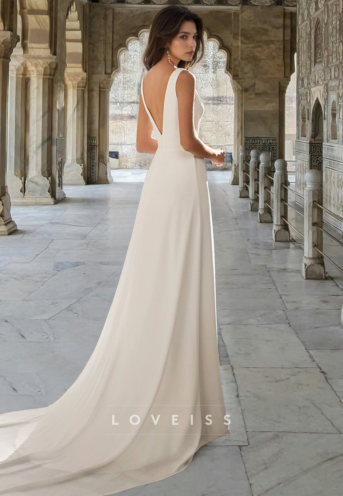 V-Neck Sleeveless Ruched Sheath Beach Wedding Dress