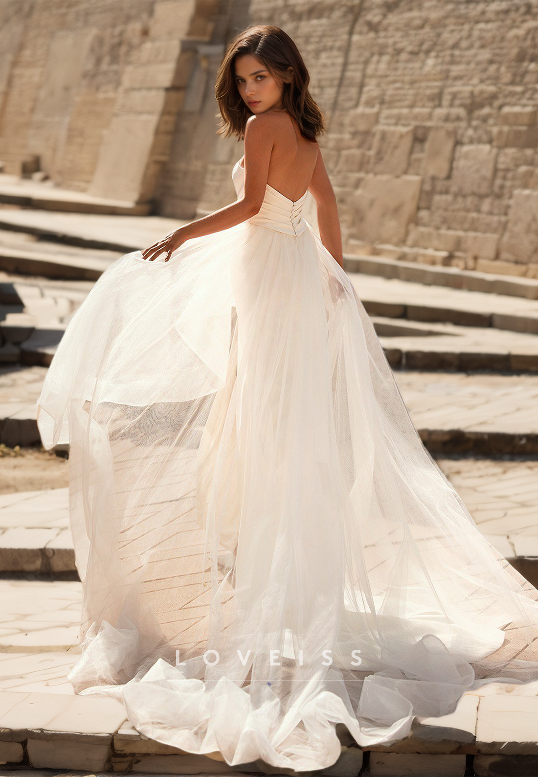 V-Neck Sleeveless Ruched Side Slit Removable Train Beach Wedding Dress