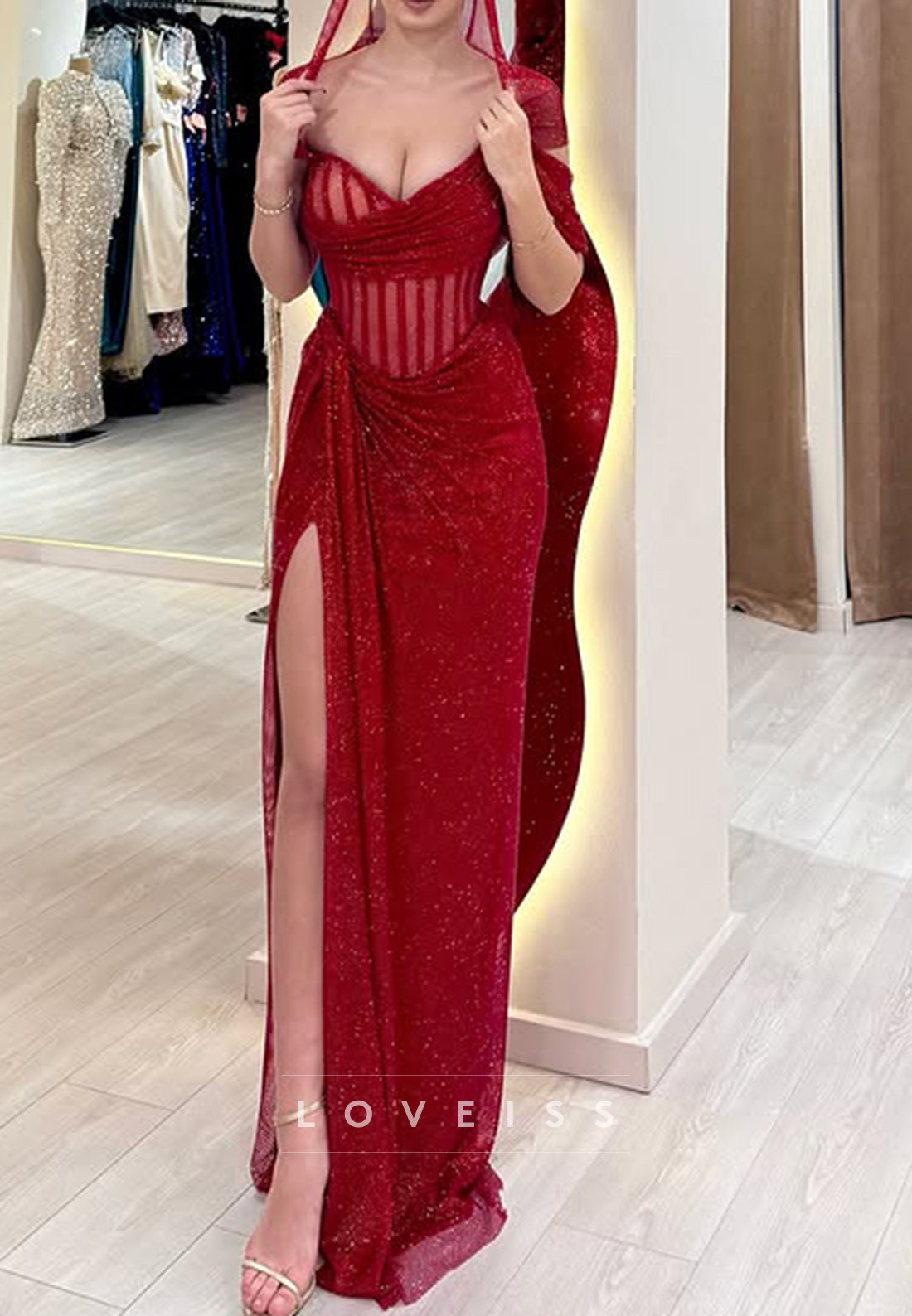 V-Neck Sleeveless Ruched Side Slit Sheath Evening Dress
