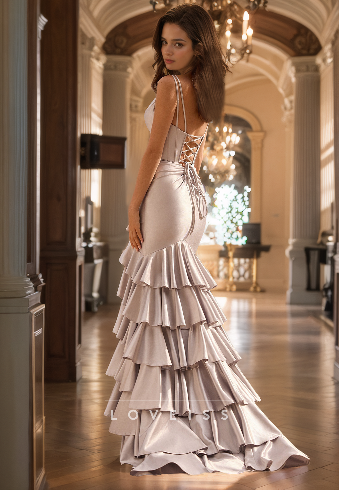 V-Neck Sleeveless Ruffled Side Slit Tiered Mermaid Prom Dress