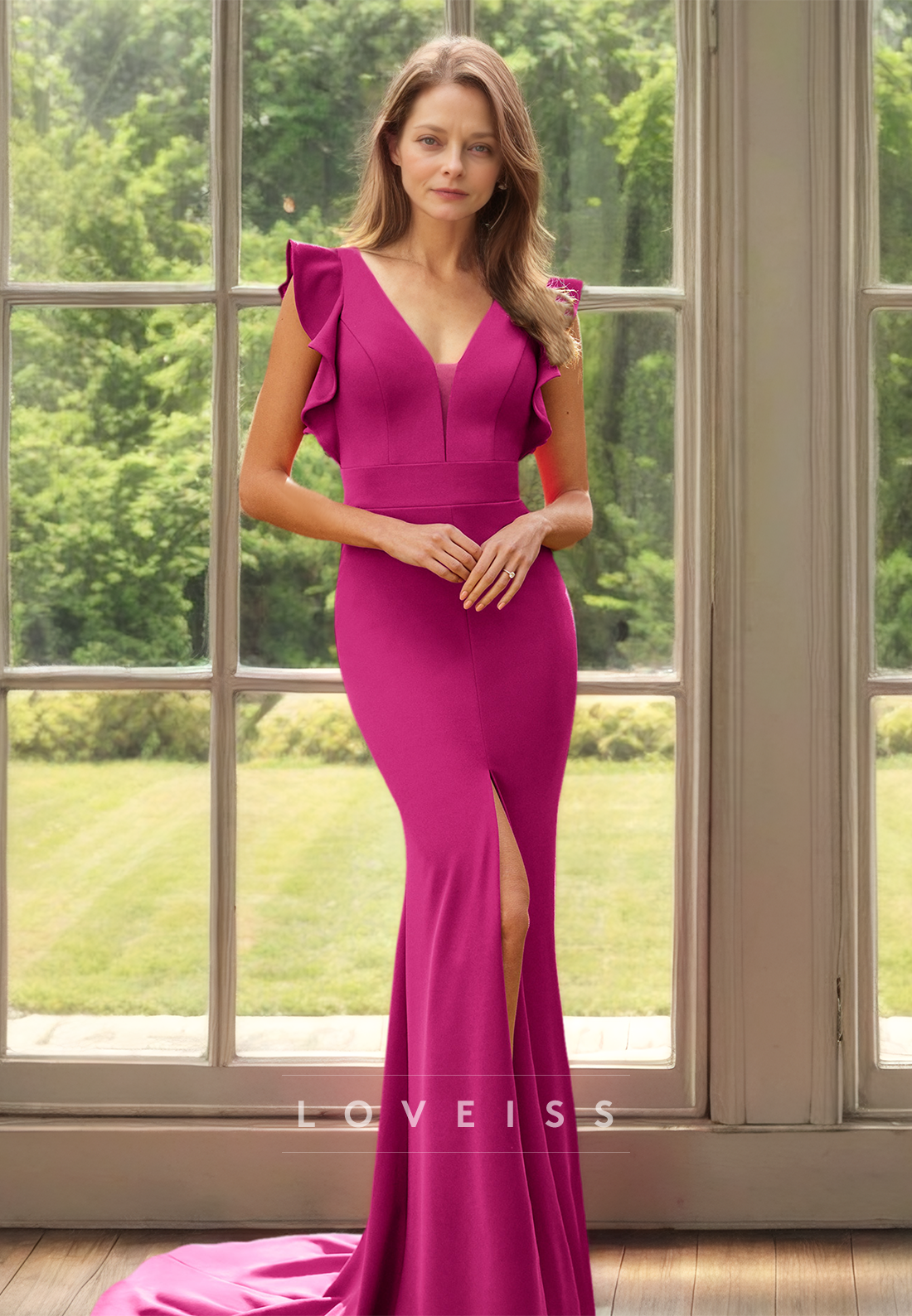 V-Neck Sleeveless Ruffled Sleek Mermaid Mother of Bride Dress