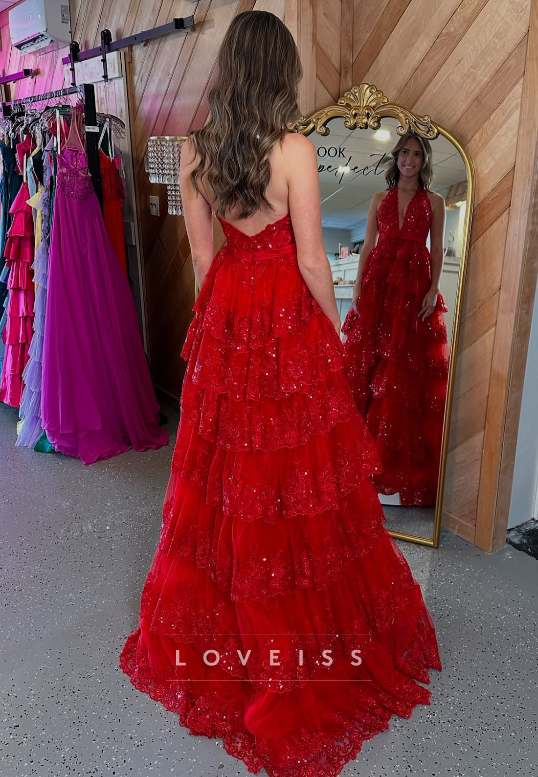 V-Neck Sleeveless Sequins Appliques Tiered A-Line Prom Dress