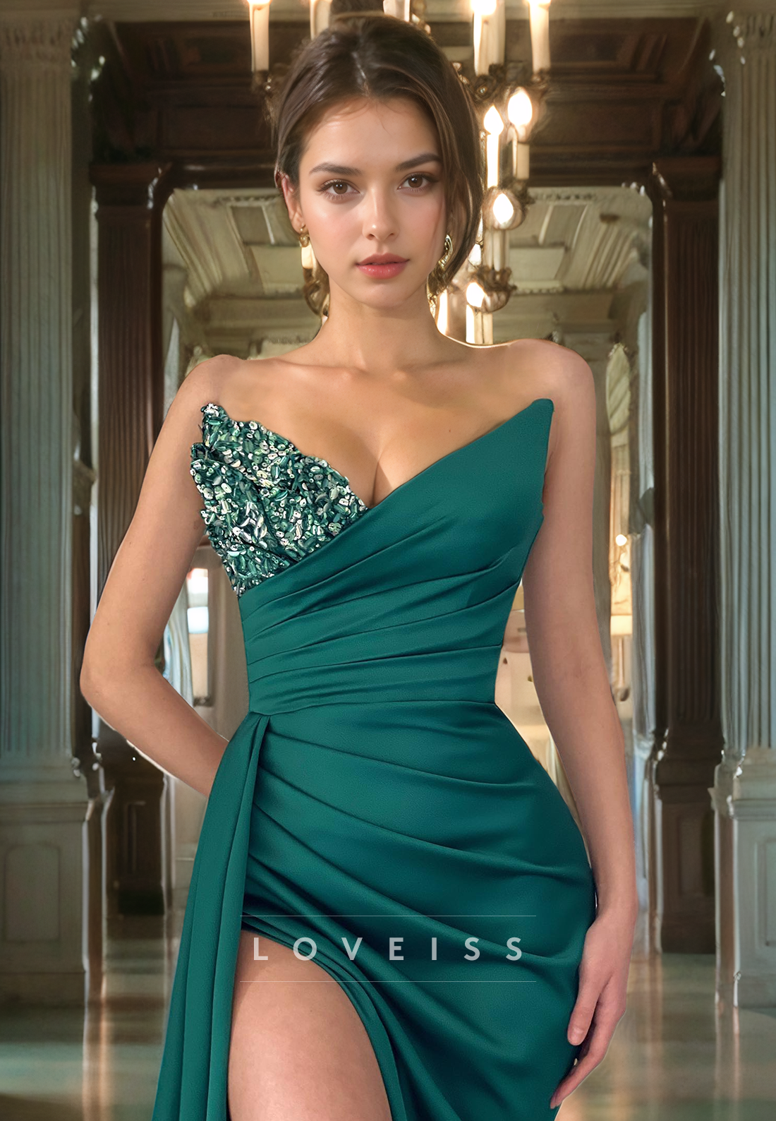 V-Neck Sleeveless Sequins Ruched High Slit Prom Dress