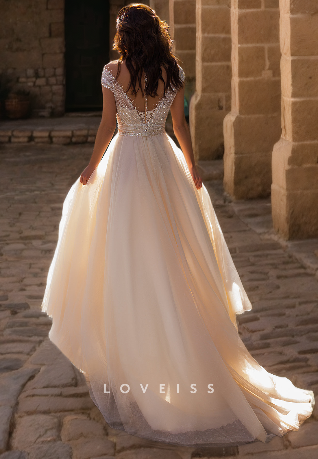 V-Neck Sleeveless Sequins Tulle A-Line Wedding Dress