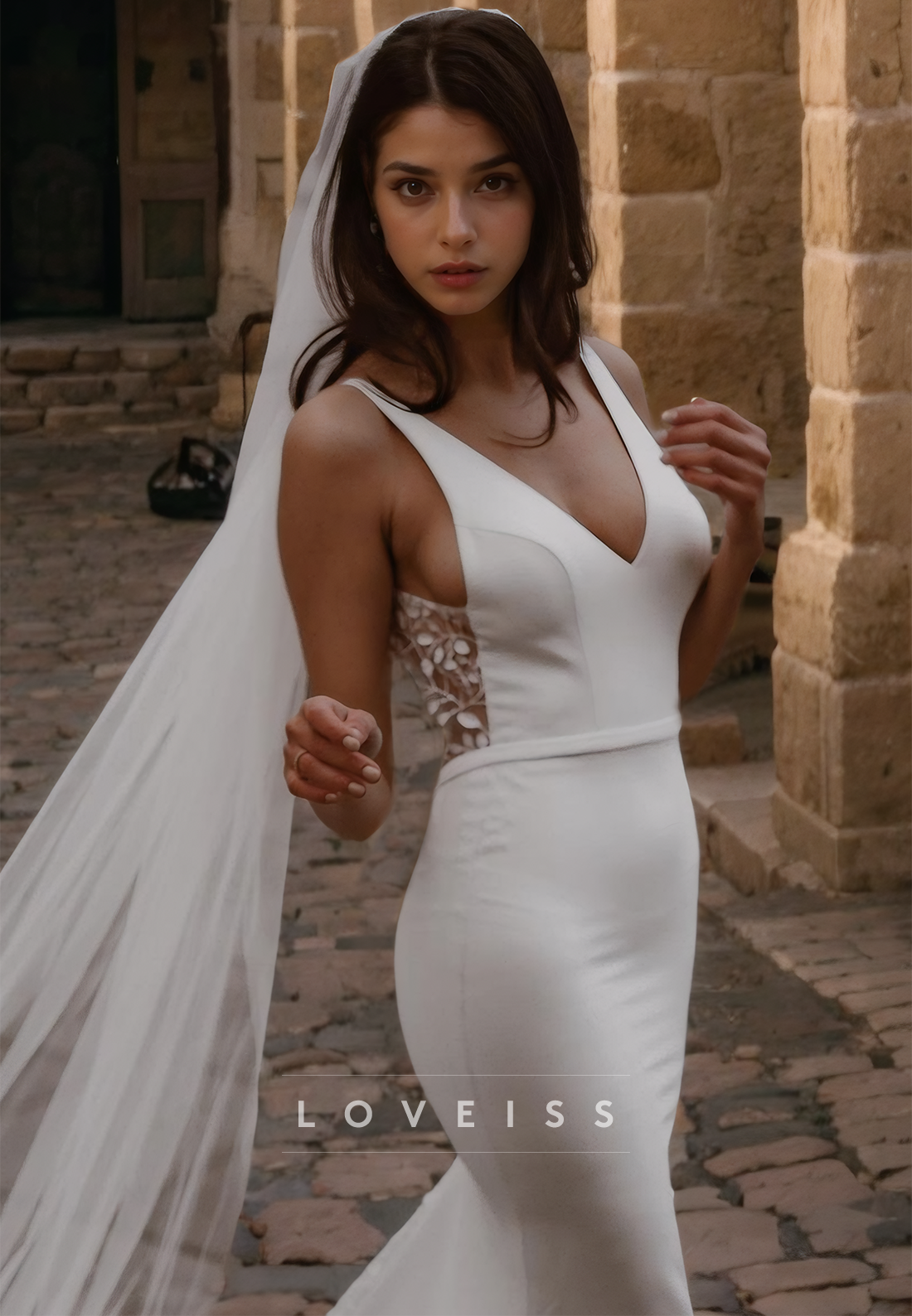 V-Neck Sleeveless Sleek Backless Mermaid Beach Wedding Dress