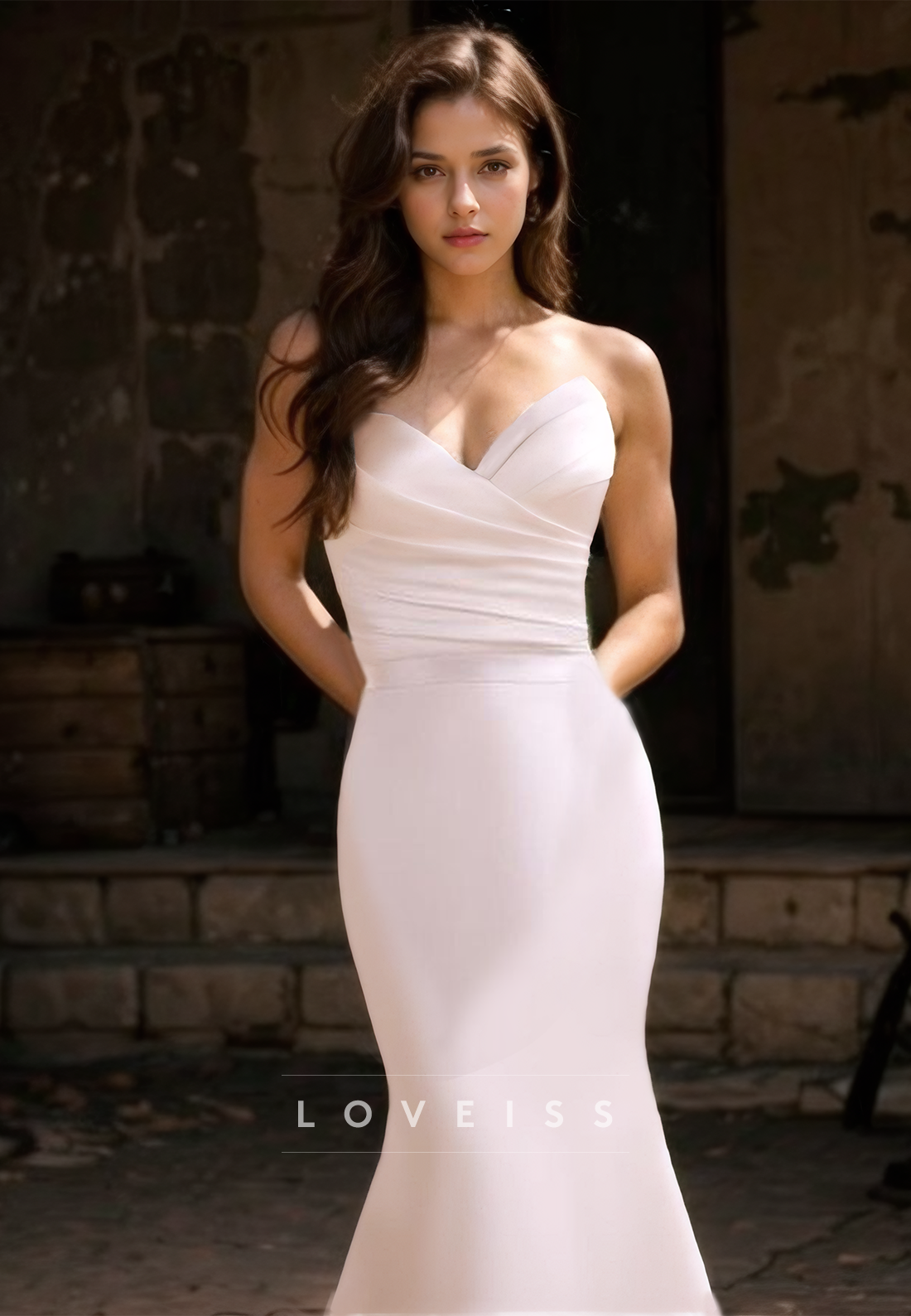 V-Neck Sleeveless Sleek Pleated Mermaid Sweep Strain Wedding Dress