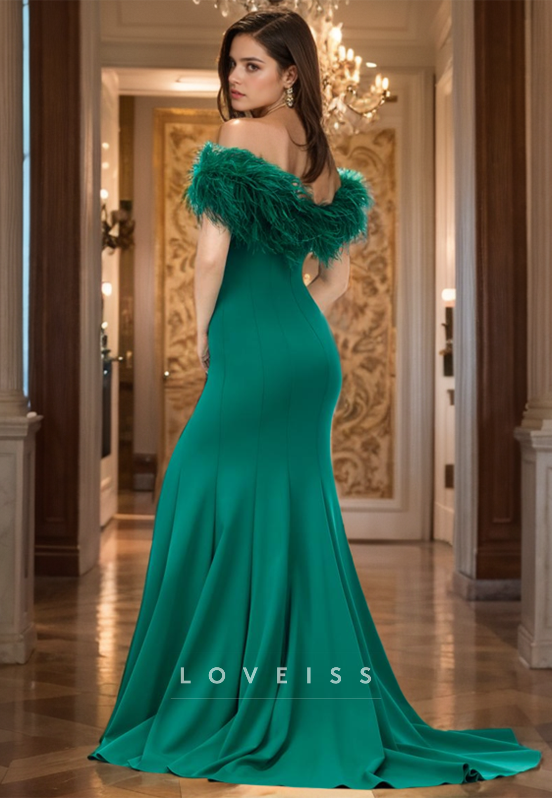 V-Neck Sleeves Feathered Sleek Sheath Prom Dress