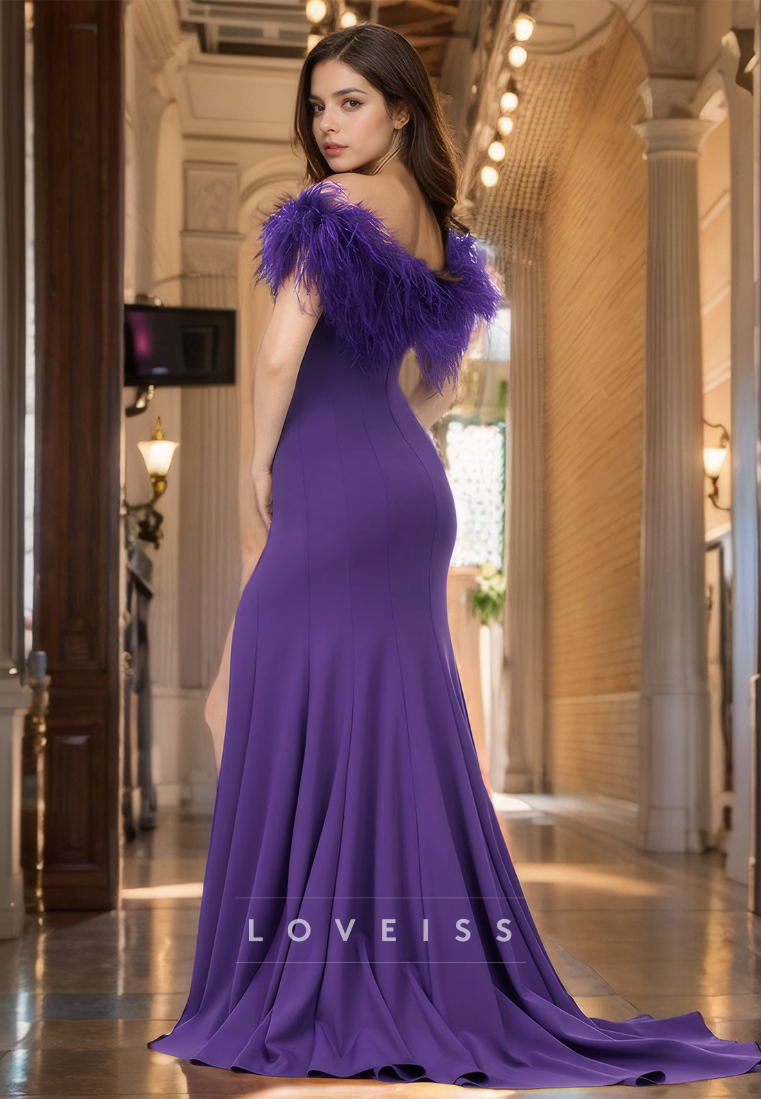 V-Neck Sleeves Feathered Sleek Sheath Prom Dress