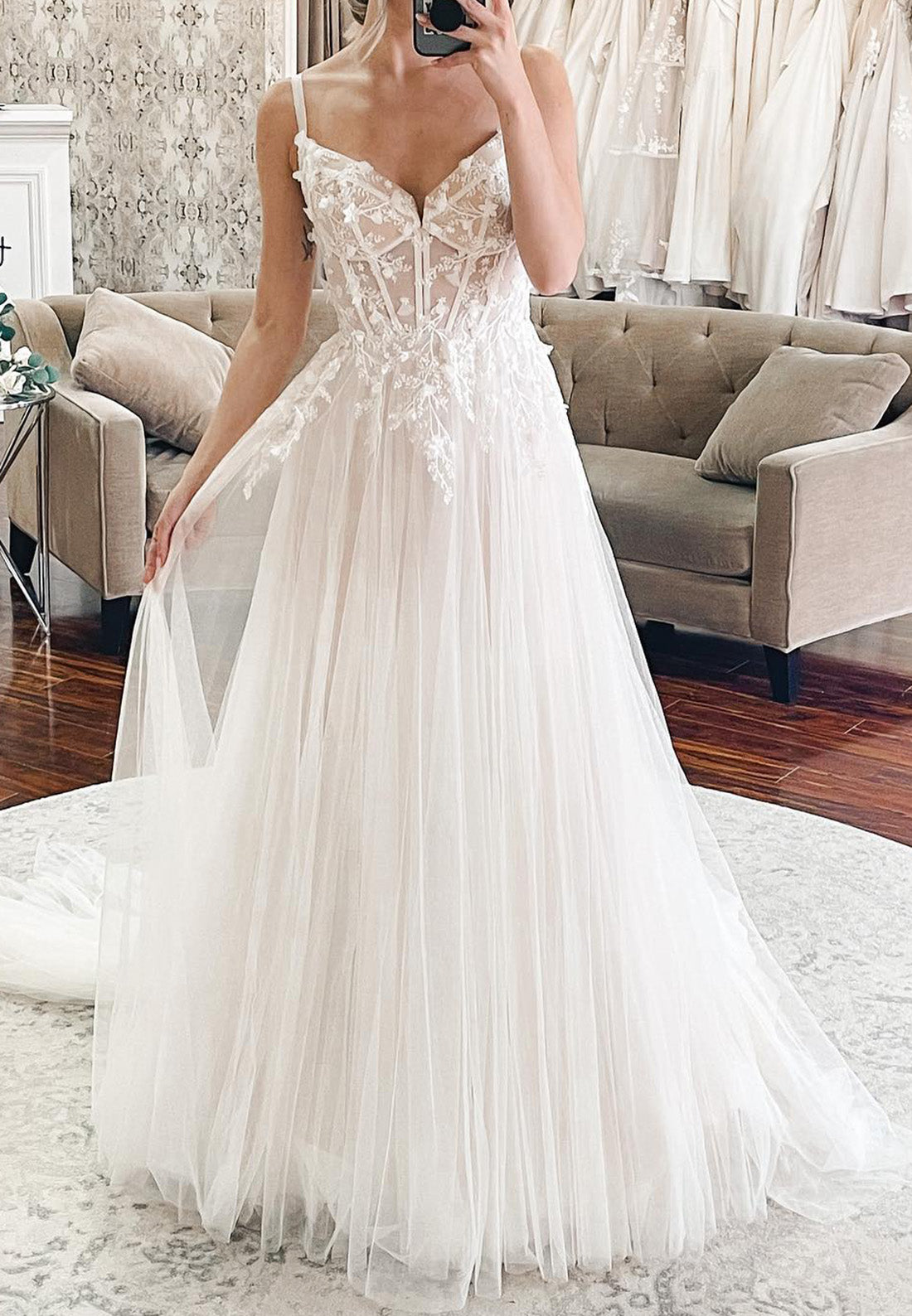 V-Neck Spaghetti Straps Applique Tulle A-Line Wedding Dress