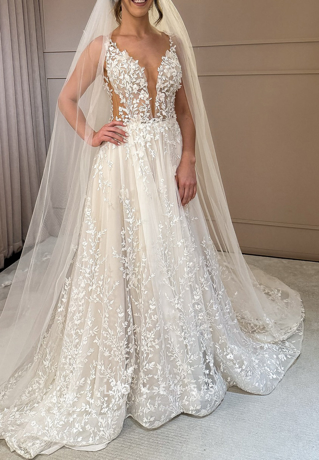 V-Neck Spaghetti Straps Appliques A-Line Bridal Gown