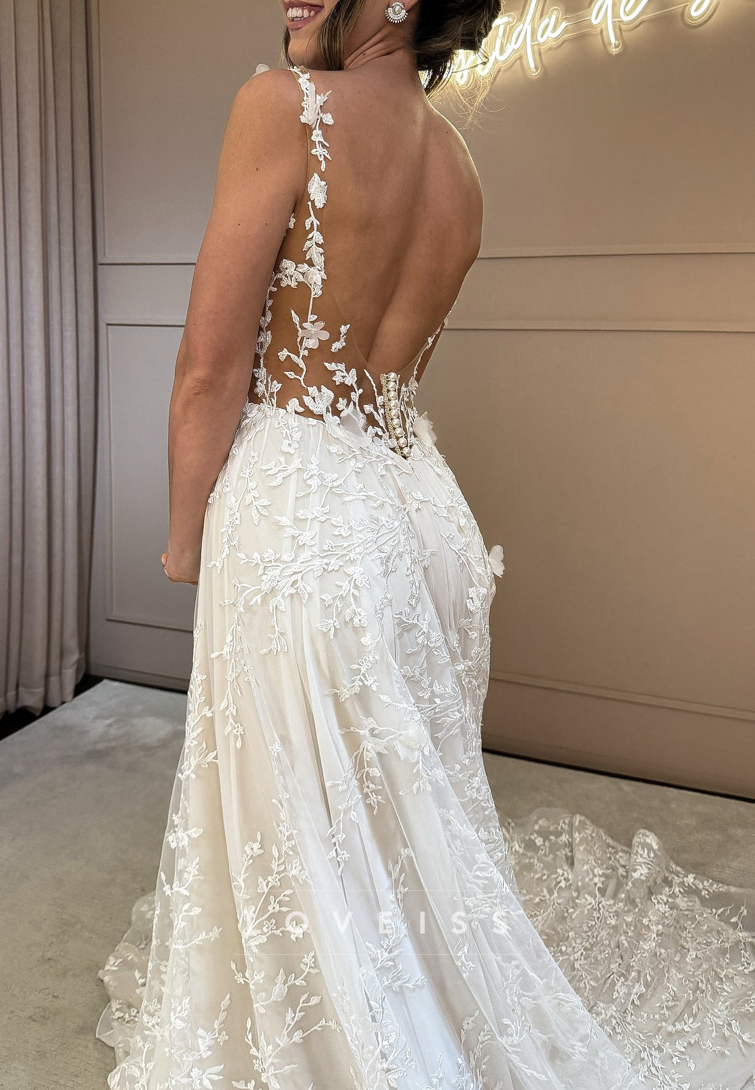 V-Neck Spaghetti Straps Appliques A-Line Bridal Gown