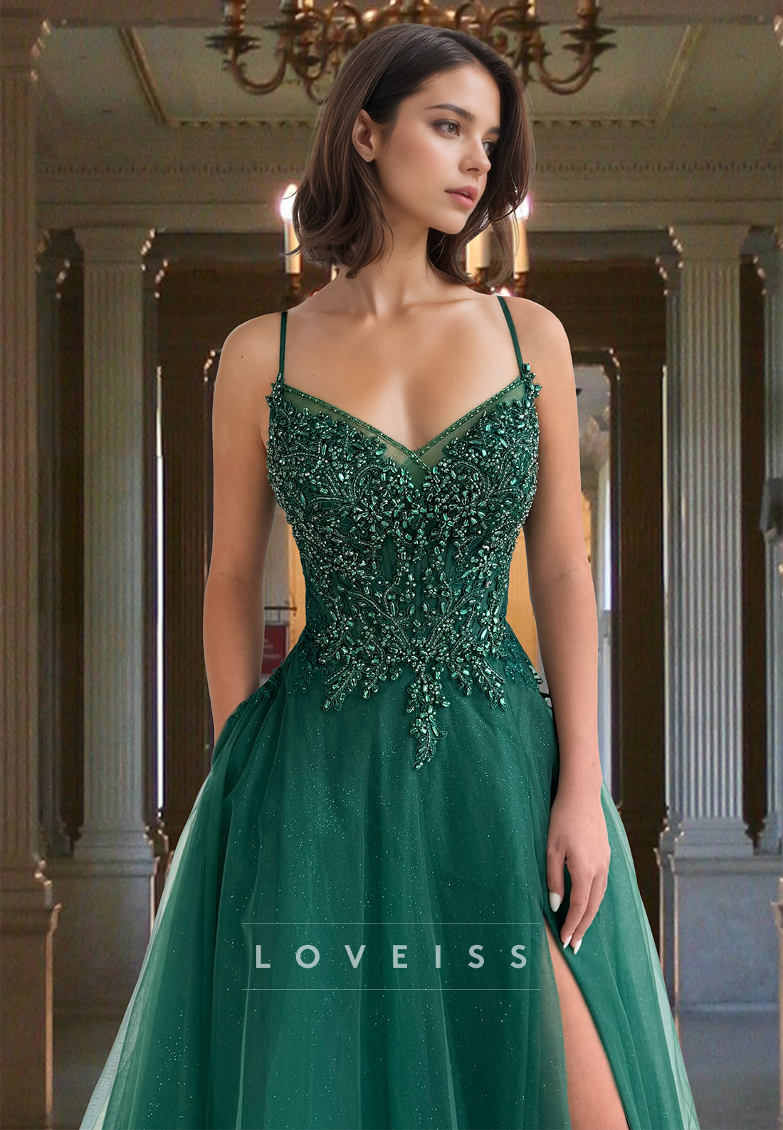 V-Neck Spaghetti Straps Appliques Beaded Side Slit A-Line Prom Dress