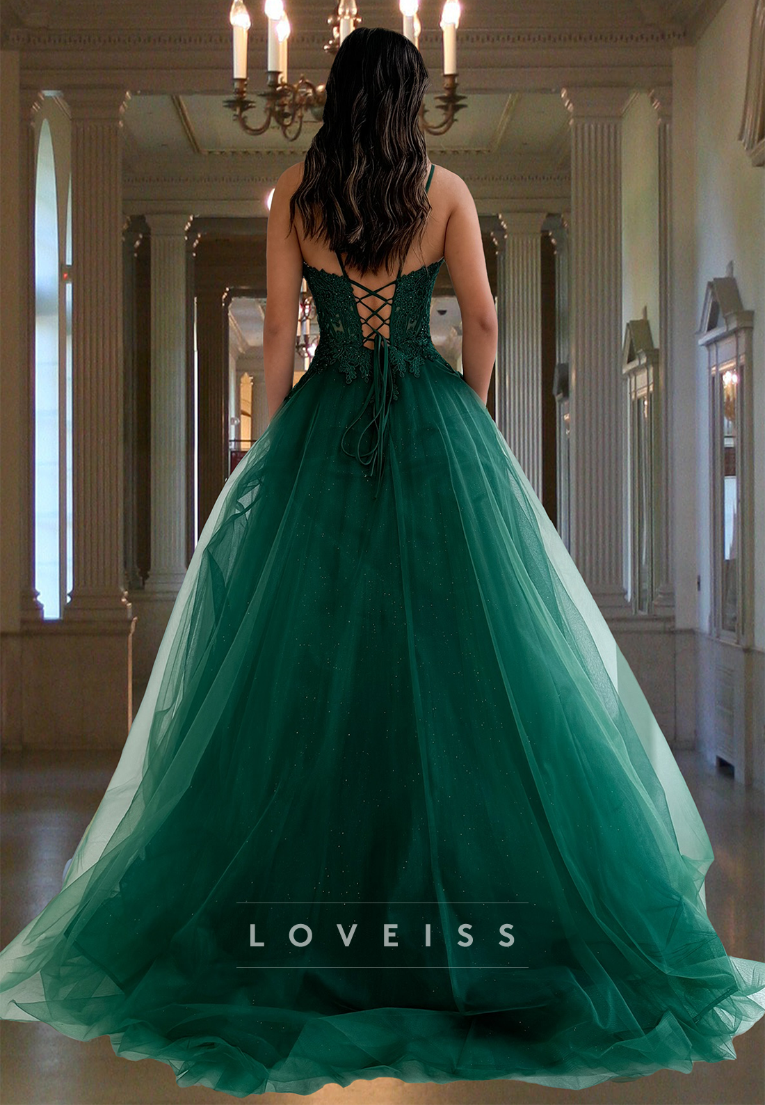 V-Neck Spaghetti Straps Appliques Beaded Side Slit A-Line Prom Dress