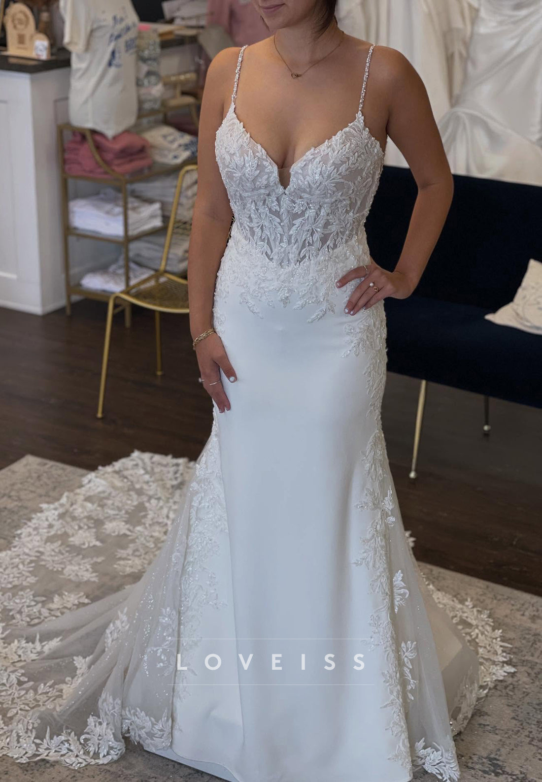 V-Neck Spaghetti Straps Appliques Mermaid Wedding Dress