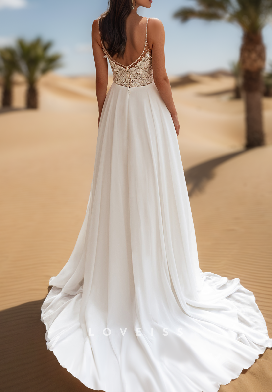 V-Neck Spaghetti Straps Appliques Pleated A-Line Beach Wedding Dress