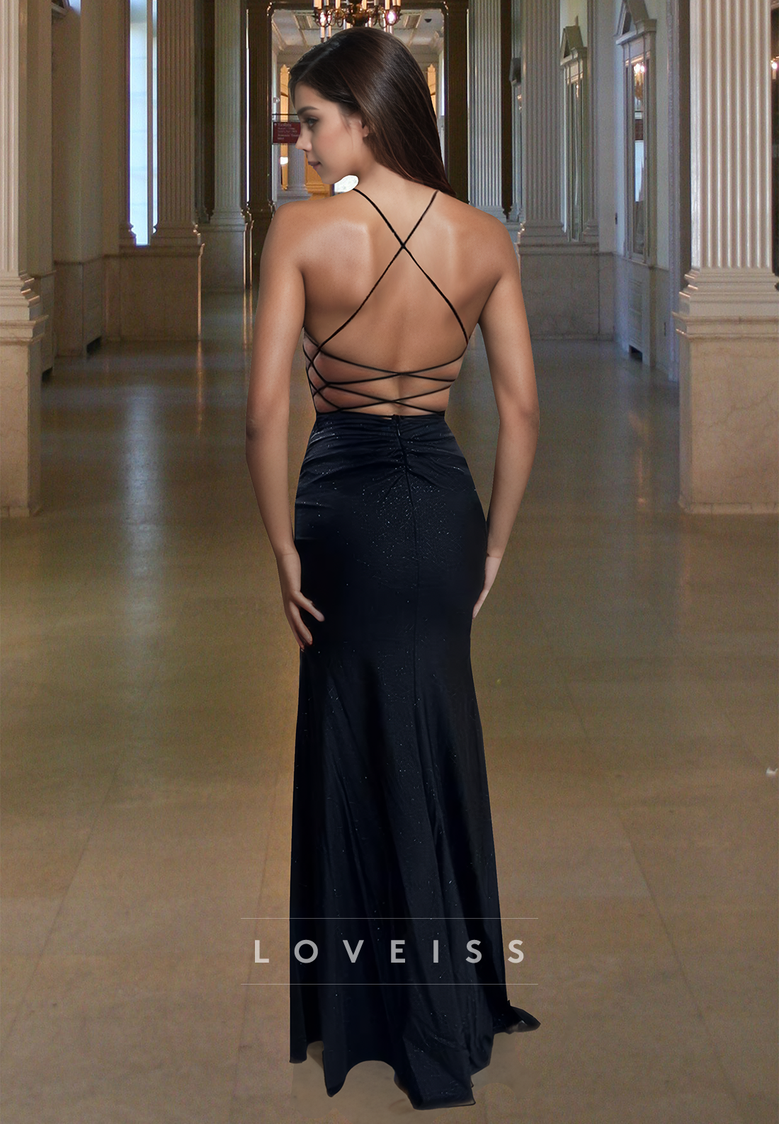 V-Neck Spaghetti Straps Appliques Pleated Sheath Prom Dress