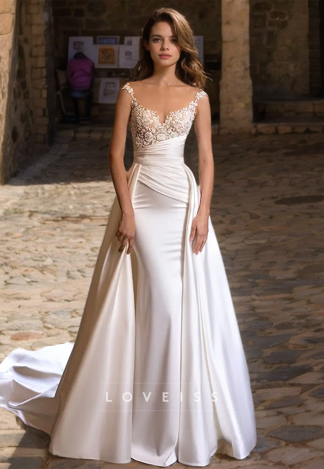 V-Neck Spaghetti Straps Appliques Ruched Mermaid Weddding Dress