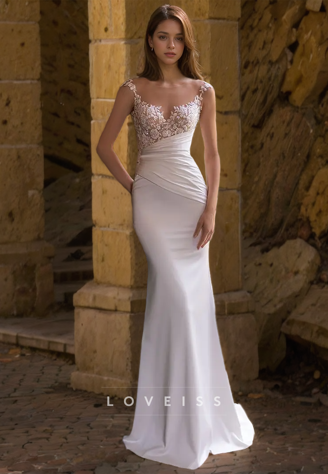 V-Neck Spaghetti Straps Appliques Ruched Mermaid Weddding Dress