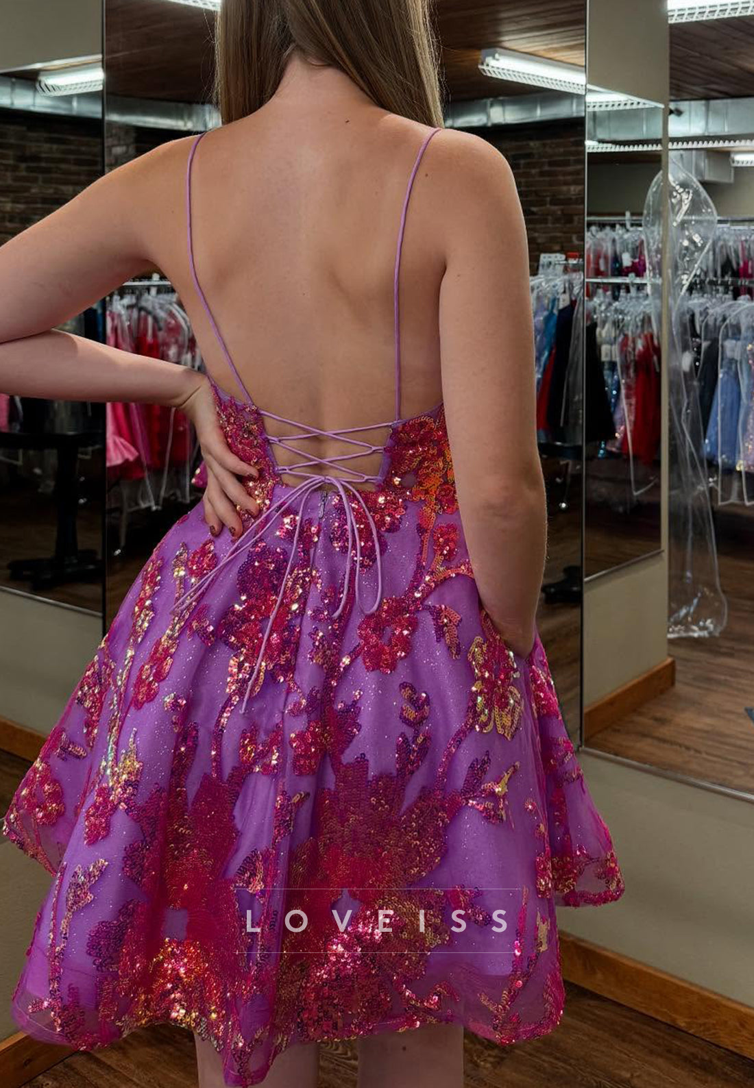 V-Neck Spaghetti Straps Appliques Sequins A-Line Homecoming Dress