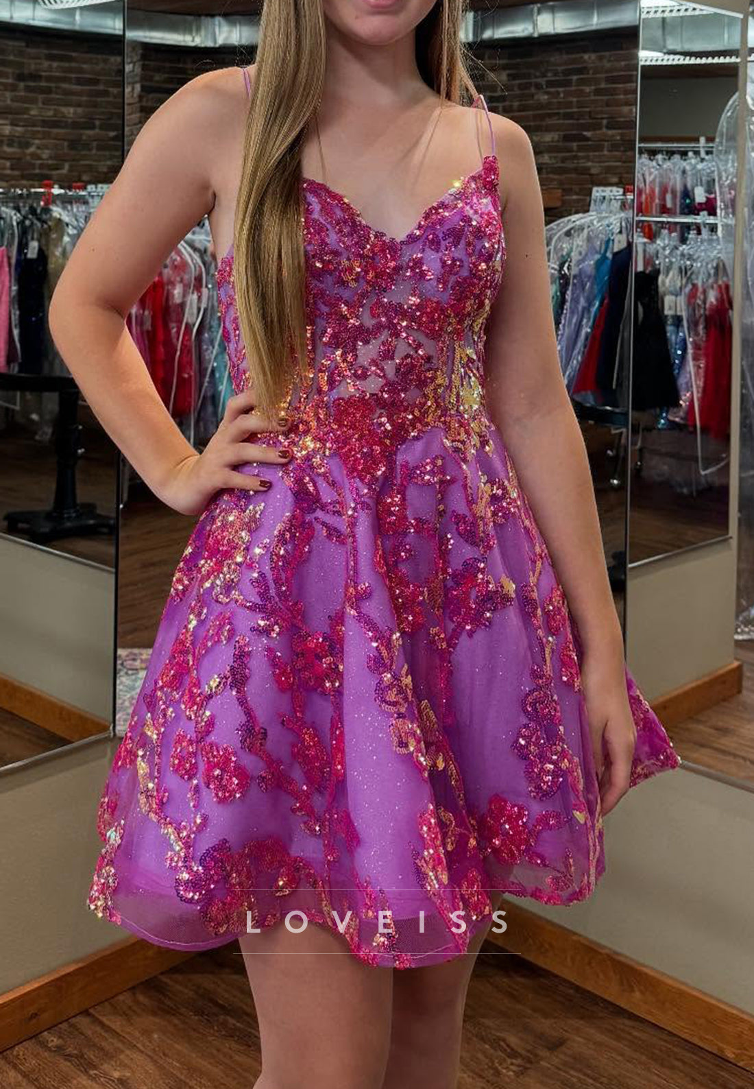 V-Neck Spaghetti Straps Appliques Sequins A-Line Homecoming Dress